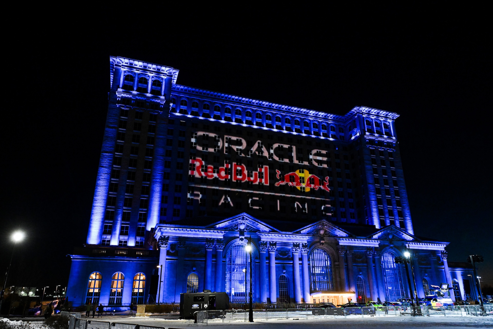 DETROIT, MICHIGAN - JANUARY 15: The Oracle Red Bull Racing logo is projected onto the venue during the Red Bull Racing season launch at Michigan Central Station on January 15, 2026 in Detroit, Michigan. (Photo by Rudy Carezzevoli/Getty Images) // Getty Images // SI202601160095 // Usage for editorial use only //