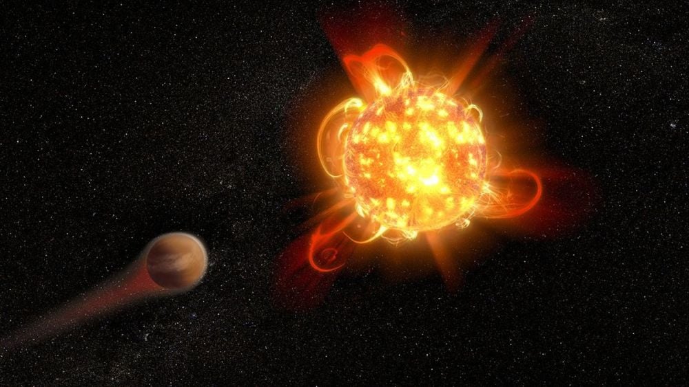 In this illustration, powerful flaring from a red dwarf star strips away the atmosphere from an orbiting exoplanet. Astronomers are working to understand if this type of flaring prevents exoplanets around red dwarfs from being habitable. A survey of exoplanets around red dwarfs by the upcoming Extremely Large Telescope may uncover an answer, but the telescope is a few years away from observations. Image Credit: NASA, ESA and D. Player (STScI)