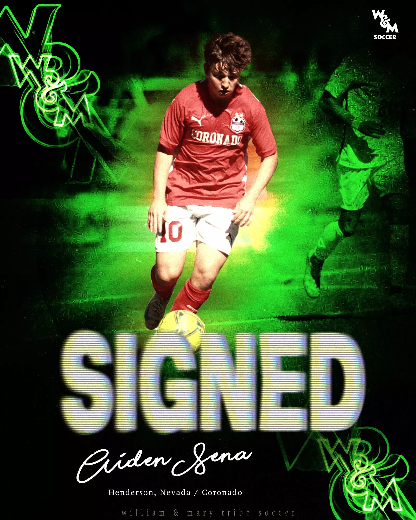 Aiden Sene looks down at the ball and gets ready to boot it cut out against a black and neon green background signed to Tribe Men's Soccer.