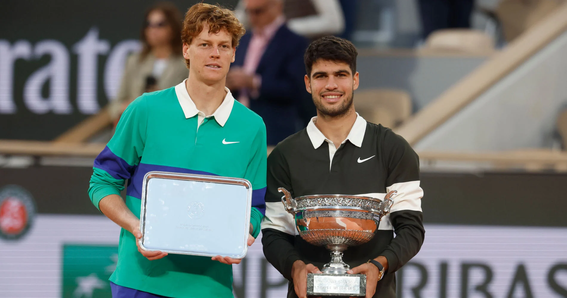 June 8, 2025, Paris, Paris, France: Jannik Sinner (ITA) and Carlos Alcaraz (ESP) during the trophy ceremony of the tennis Grand Slam of Roland Garros 2025 menâ€™s final match between Jannik Sinner (ITA) and Carlos Alcaraz (ESP) at Philippe Chatrier central court in Roland Garros Stadium - on June 08 2025.Paris - France