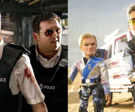 Split image of Nicholas and Danny in Hot Fuzz and two puppets in Team America