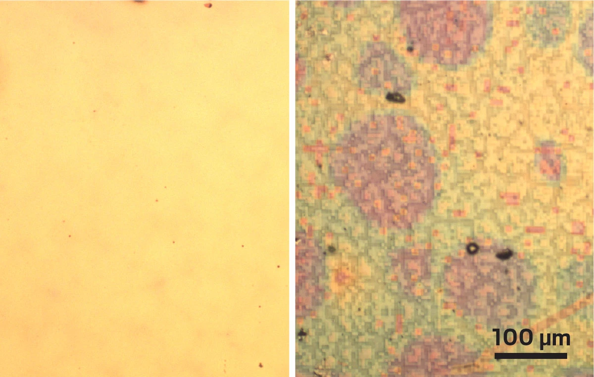 A smooth, yellow rectangular surface appears on the left, while the rectangle on the right has a color pattern and looks bumpy.