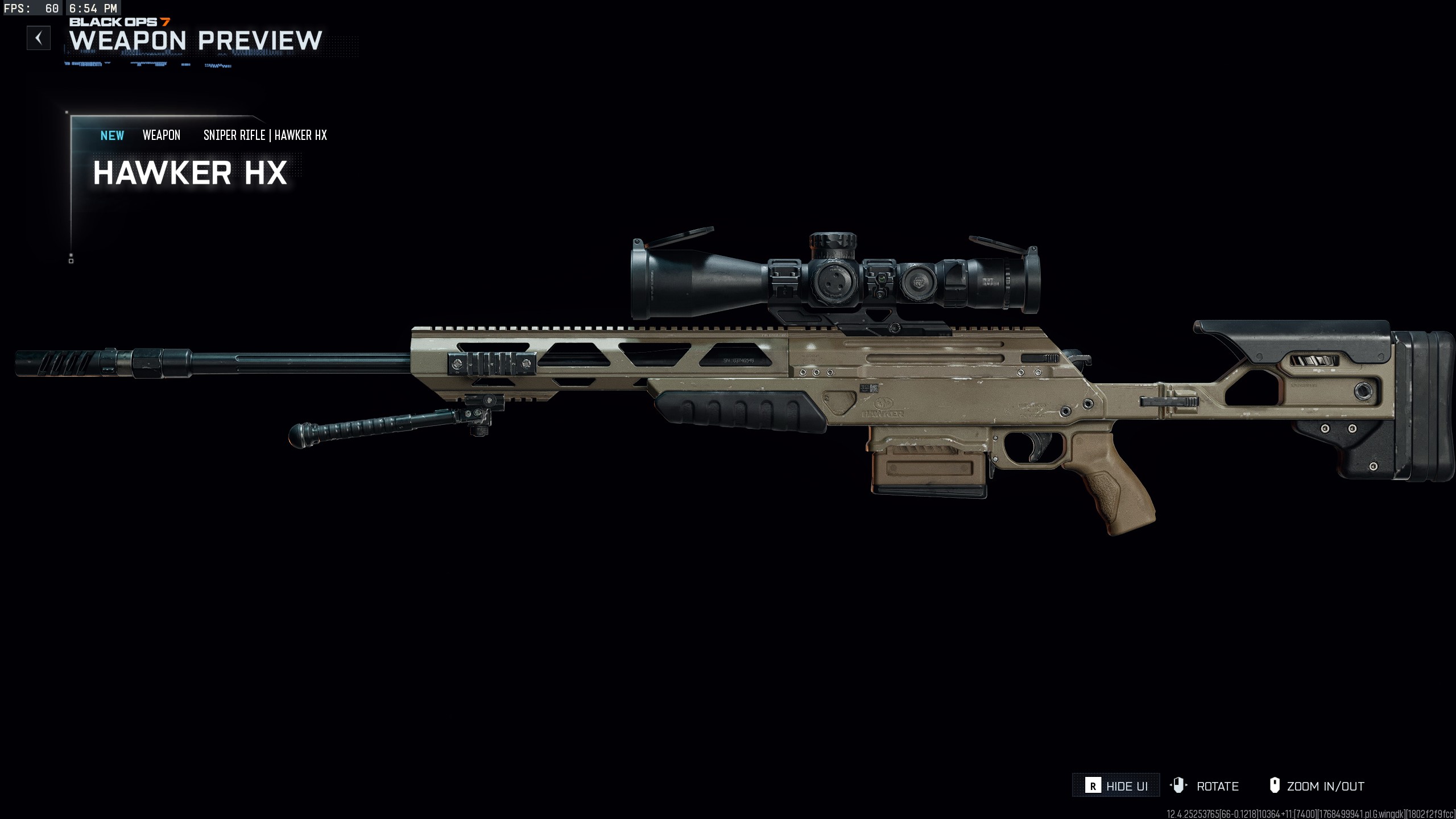 The Hawker HX weapon preview view in Call of Duty: Black Ops 7.