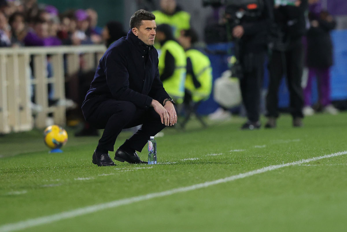 FLORENCE, ITALY - MARCH 16: Head coach Thiago Motta of Juventus looks on during the Serie A match between Fiorentina and Juventus at Stadio Artemio Franchi on March 16, 2025 in Florence, Italy. (Photo by Gabriele Maltinti/Getty Images)