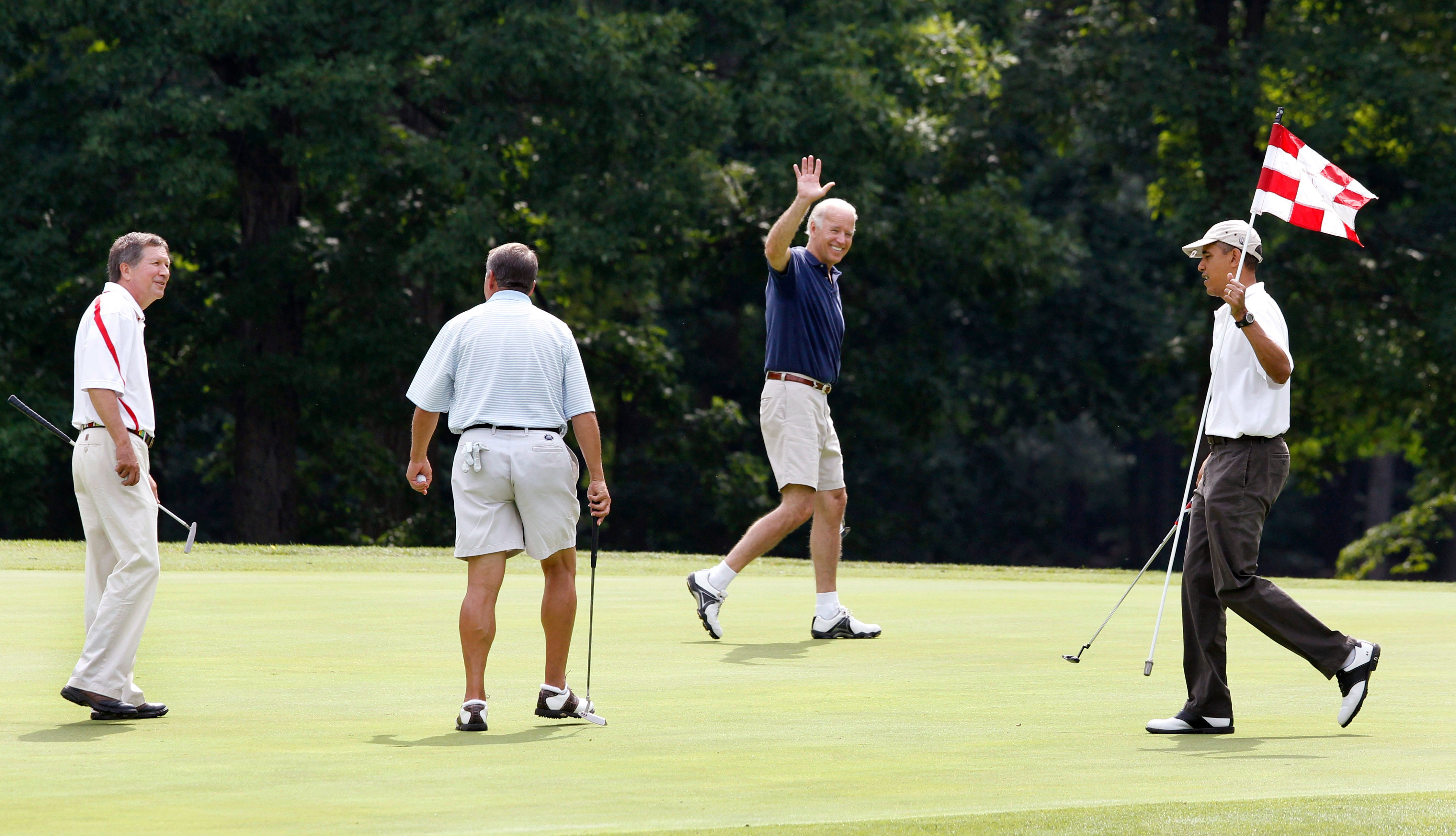 President Barack Obama, from right, Vice President Joe Biden, House Speaker John Boehner, R-Ohio, and Ohio Gov. John Kasich walk on the first green during a round of golf at Andrews Air Force Base, Md., June 18, 2011. (AP Photo/Charles Dharapak, File)