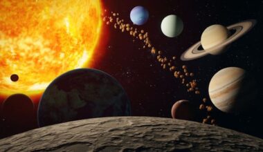 An illustration of all the solar system planets arranged in an arc around the sun