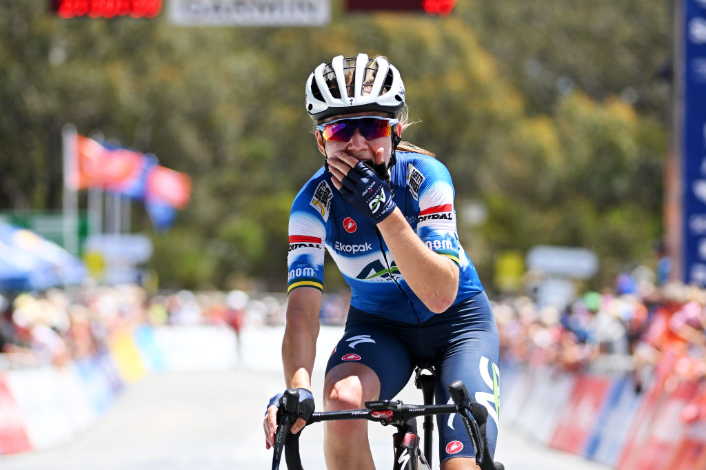 WILLUNGA HILL, AUSTRALIA - JANUARY 14: Sarah Gigante of Australia and AG Insurance - Soudal Team celebrates at finish line as stage winner during the 8th Santos Women&amp;apos;s Tour Down Under 2024, Stage 3 a 93.4km stage from Adelaide to Willunga Hill 370m / #UCIWWT / on January 14, 2024 in Willunga Hill, Australia. (Photo by Tim de Waele/Getty Images)
