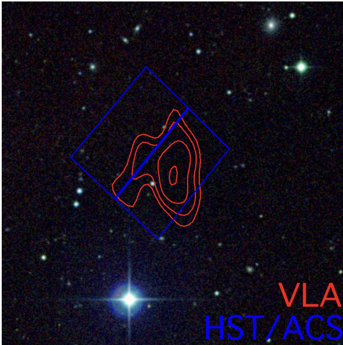 Star field with overlaid blue squares, red contour lines, and text labels 