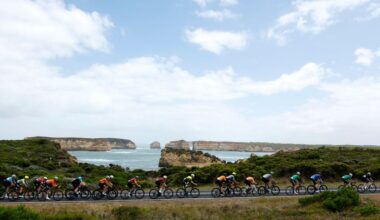 WARRNAMBOOL, AUSTRALIA - FEBRUARY 04: The peloton rides during the 2023 Melbourne to Warrnambool Cycling Festival on February 4, 2023 in Warrnambool, Australia. (Photo by Con Chronis/Getty Images)