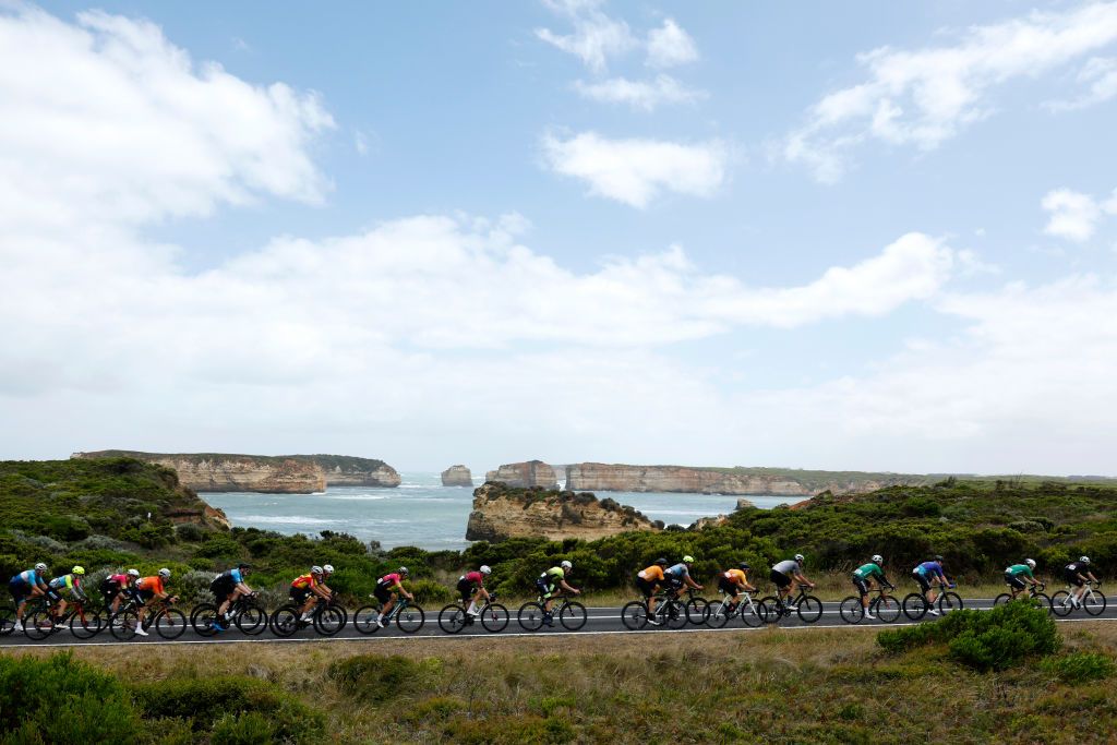 WARRNAMBOOL, AUSTRALIA - FEBRUARY 04: The peloton rides during the 2023 Melbourne to Warrnambool Cycling Festival on February 4, 2023 in Warrnambool, Australia. (Photo by Con Chronis/Getty Images)