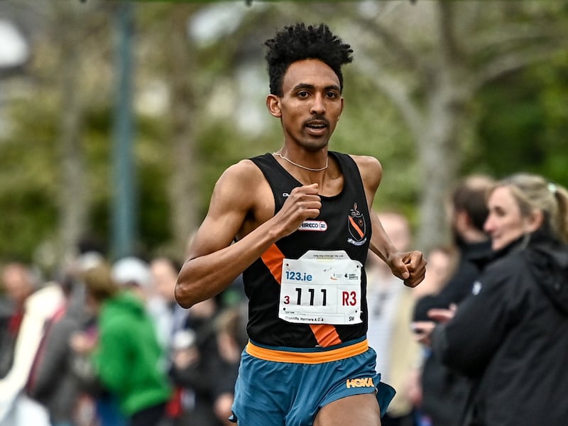 Efrem Gidey competes in the senior men's event during the 123.ie National Road Relay Championships in Dublin in 2023. Photograph: Sam Barnes/Sportsfile