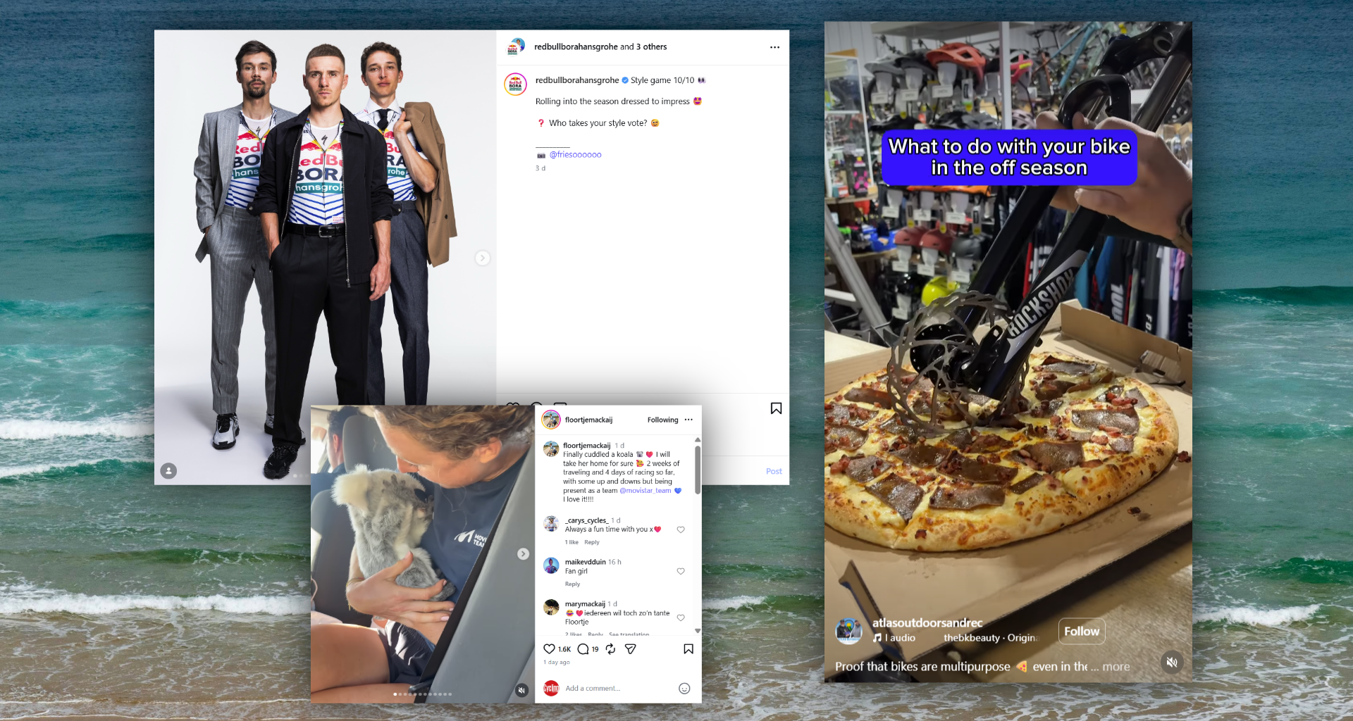 Seaside background with instagram screenshots over it