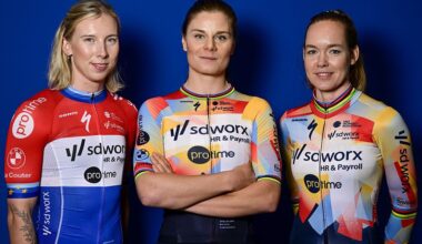 Dutch Lorena Wiebes, Belgian Lotte Kopecky and Dutch Anna van der Breggen of SD Worx-Protime pose for the photographer at the team presentation of the Team SD Worx-Protime cycling team, at the photography museum (FOMU), in Antwerp, Thursday 08 January 2026. BELGA PHOTO DIRK WAEM (Photo by DIRK WAEM / BELGA MAG / Belga via AFP)