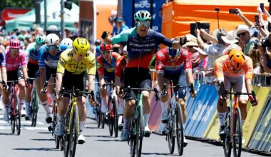 TANUNDA, AUSTRALIA - JANUARY 21: Tobias Lund Andresen of Denmark and Decathlon CMA CGM Team celebrates at finish line as stage winner (C) ahead of Matthew Brennan of Great Britain and Team Visma