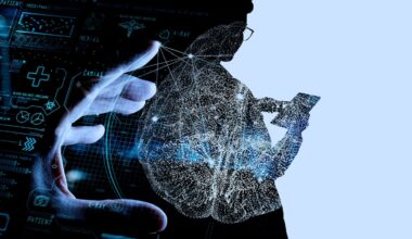 The image shows a silhouette of a person using a smartphone, overlaid with digital graphics of a brain and medical data.