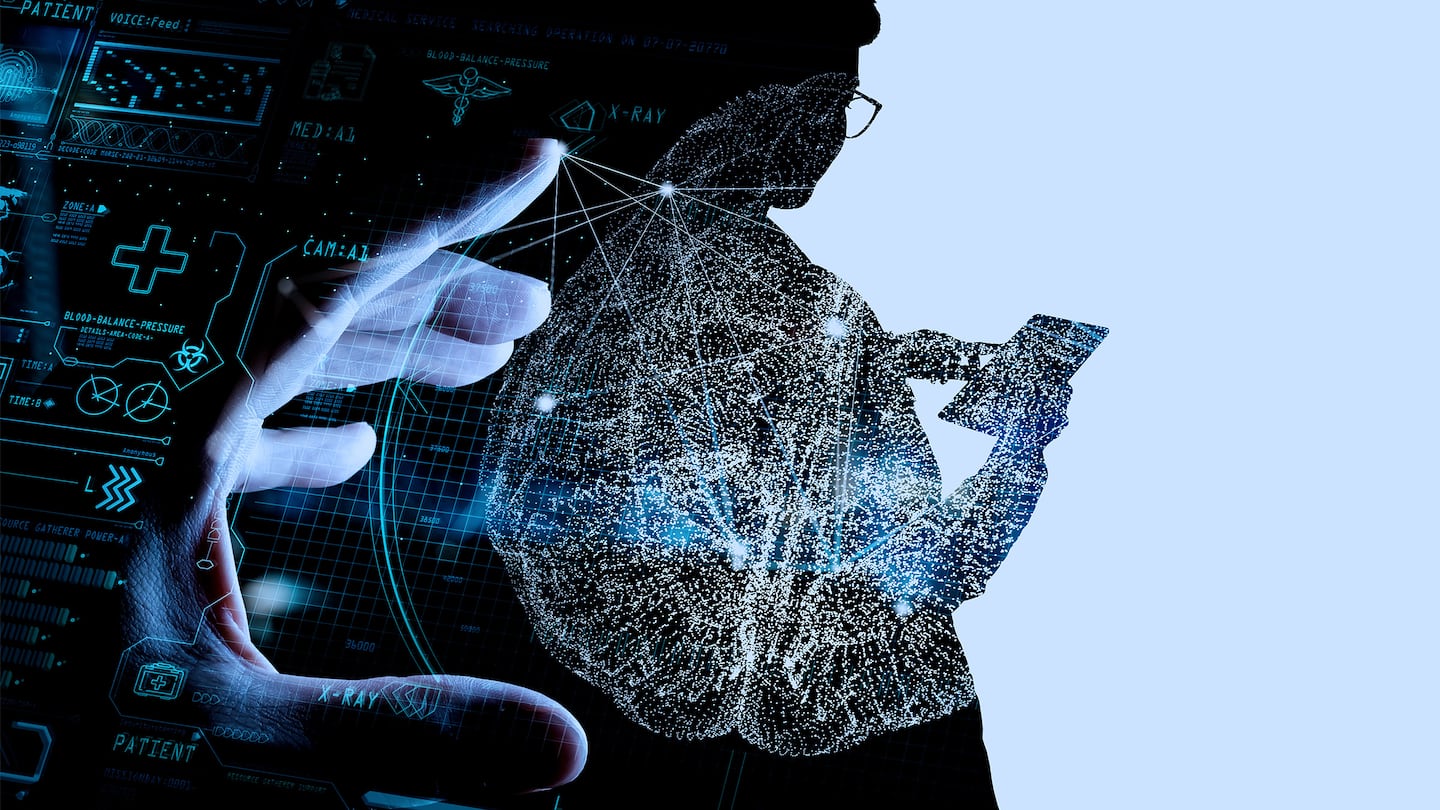 The image shows a silhouette of a person using a smartphone, overlaid with digital graphics of a brain and medical data.
