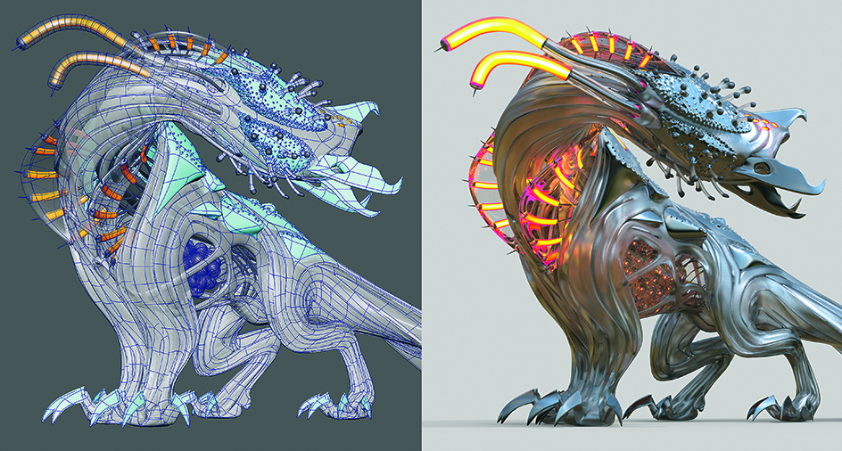 Images from a tutorial on how to make a part machine part beast character design concept