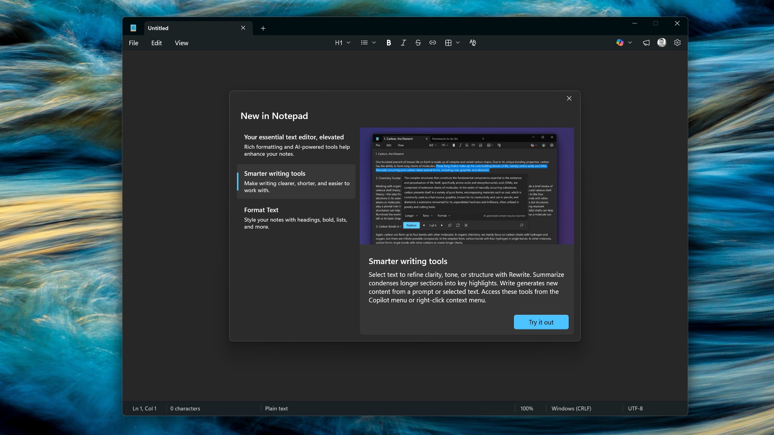 New Welcome Screen in Notepad detailing recent updates