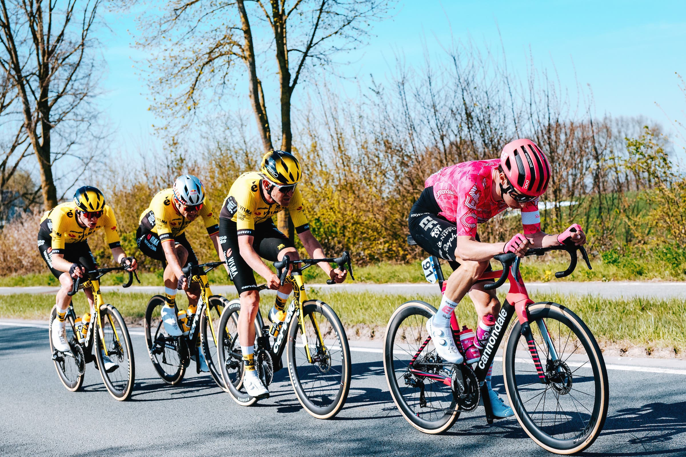 Neilson Powless took the 2025 Dwars door Vlaanderen against remarkable odds, beating three Jumbo-Visma riders including Wout Van Aert and Matteo Jorgenson (Photo: Gruber Images)