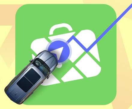 A car navigating across MAPS.ME icon with a blue route line, set against a light yellow geometric background.