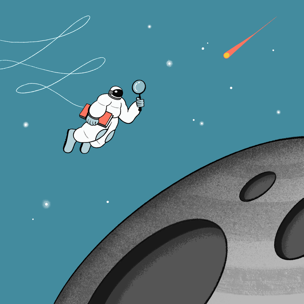 A cartoon of an astronaut floating near the moon and holding a magnifying glass.