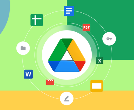 A colorful illustration of the Google Drive logo in the center, surrounded by icons like PDFs, Word, Excel, and folders, all arranged in a circular layout on a bright geometric background