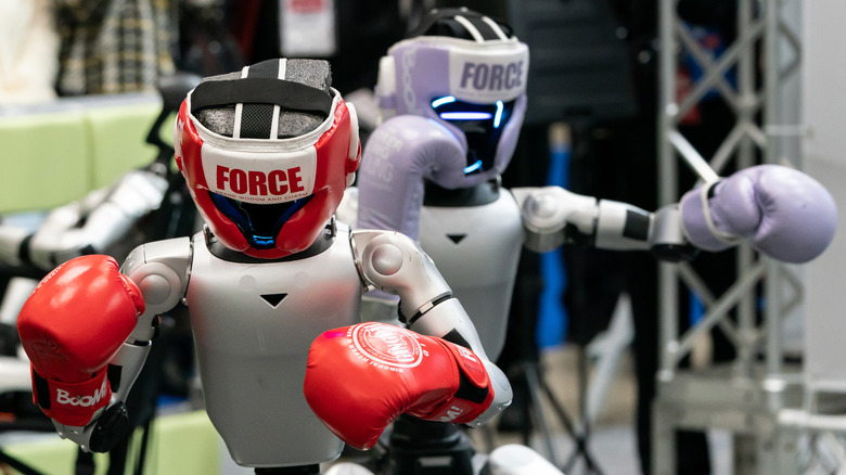 Two Unitree G1 robots, decked out in red and purple boxing gear, ready to duke it out at the December 2025 International Robot Exhibition in Tokyo, Japan.