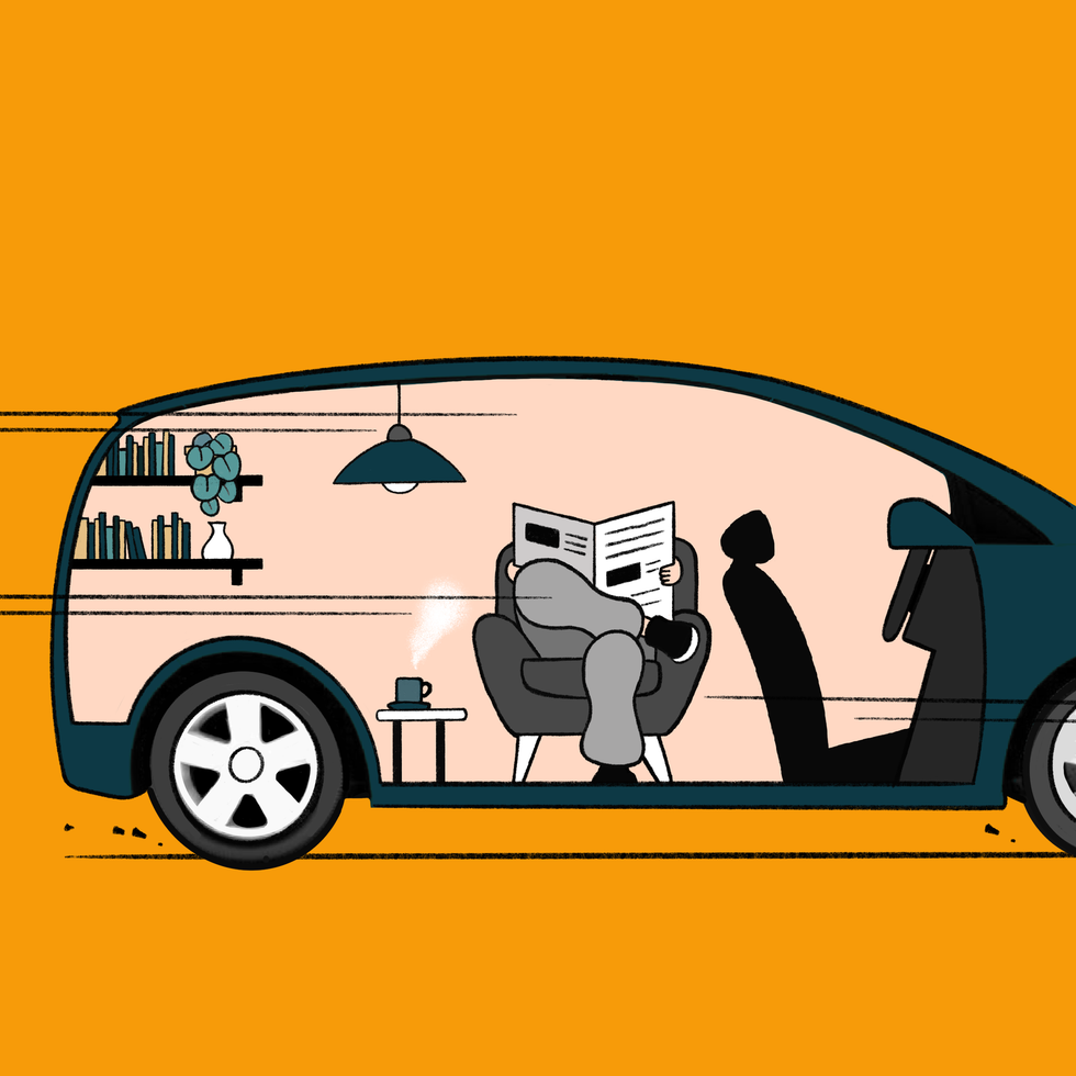 A person relaxes in a cozy car interior, reading a newspaper with books and a coffee nearby.