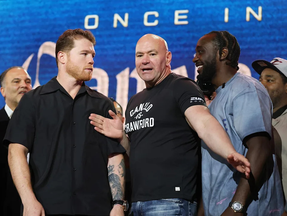 Saul ‘Canelo’ Alvarez facing off with Terence Crawford (right) (Getty)