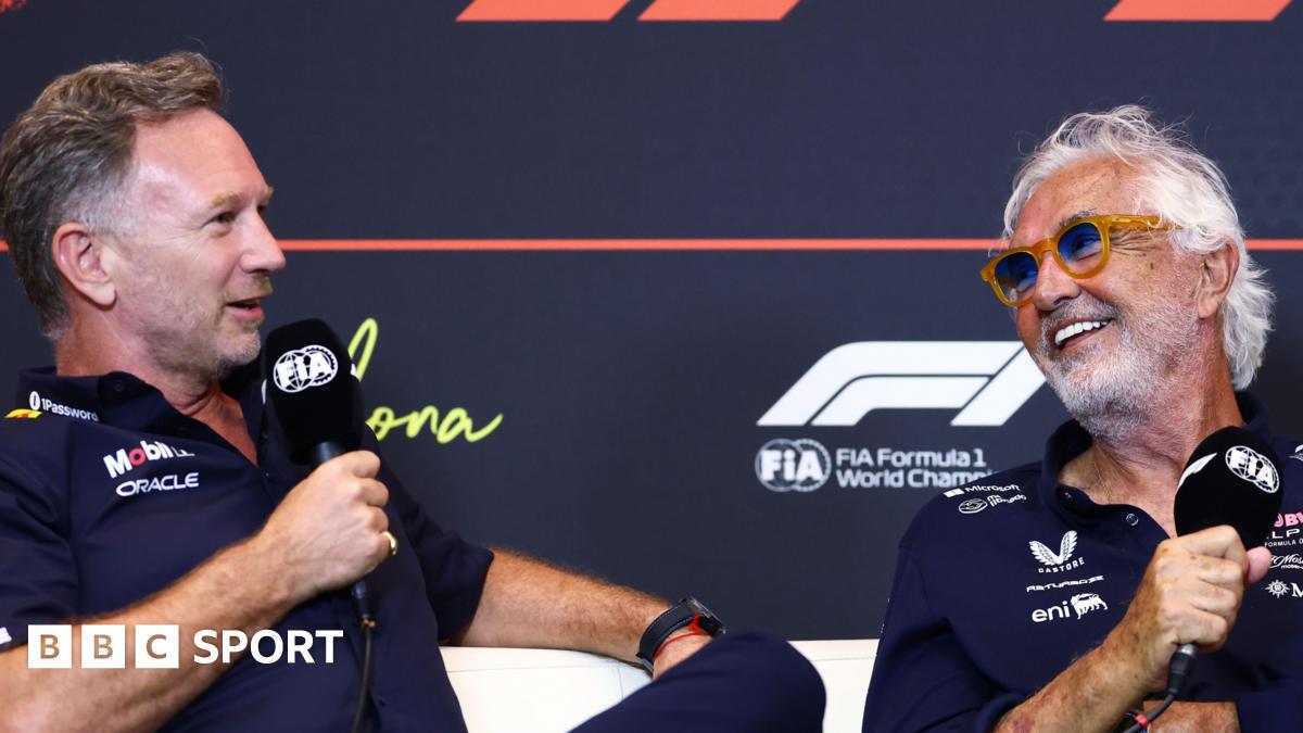 Christian Horner and Flavio Briatore speaking into FIA-branded microphones at a Formula 1 news conference