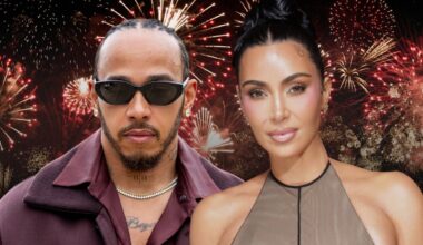 Lewis Hamilton and Kim Kardashian looking glam edited on a background of New Year