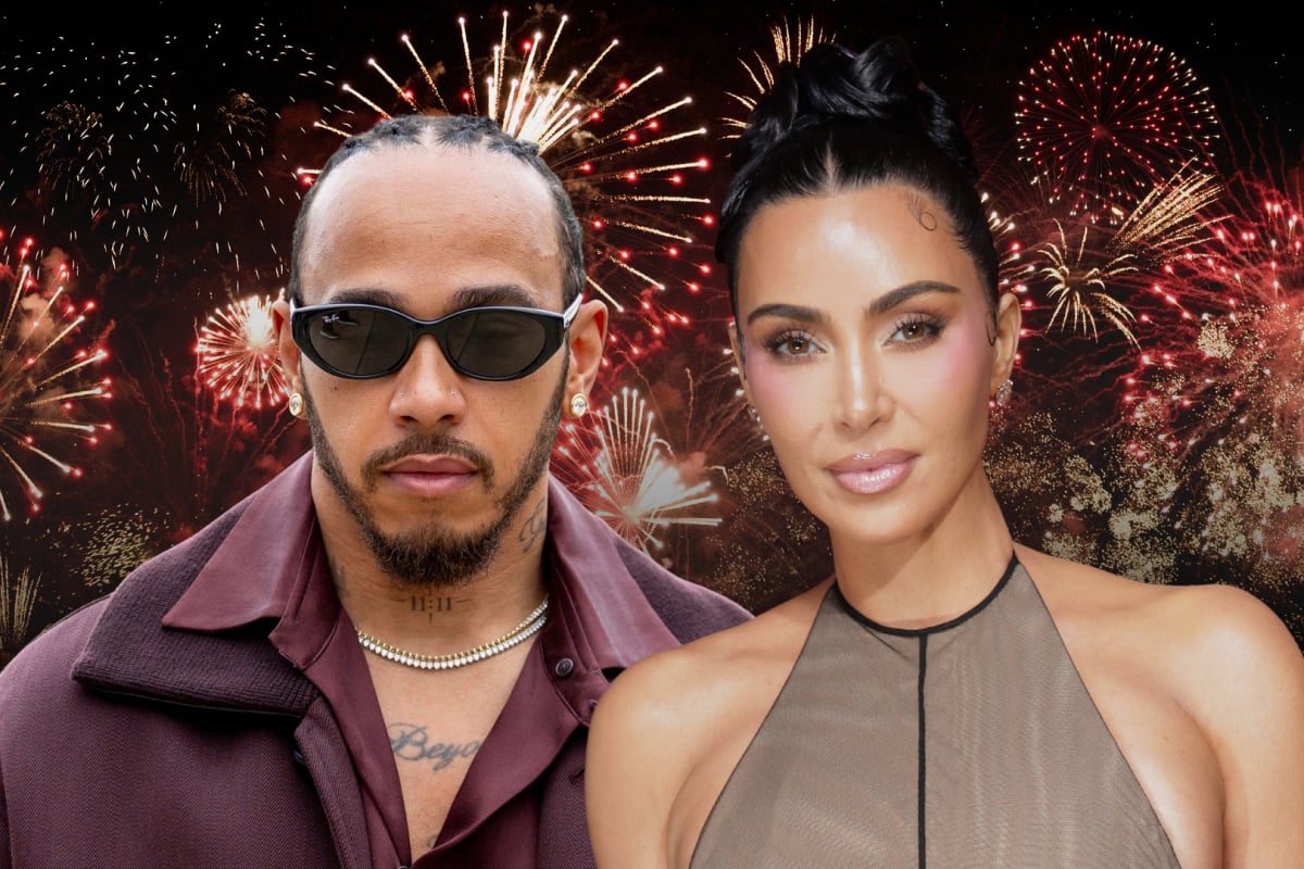 Lewis Hamilton and Kim Kardashian looking glam edited on a background of New Year