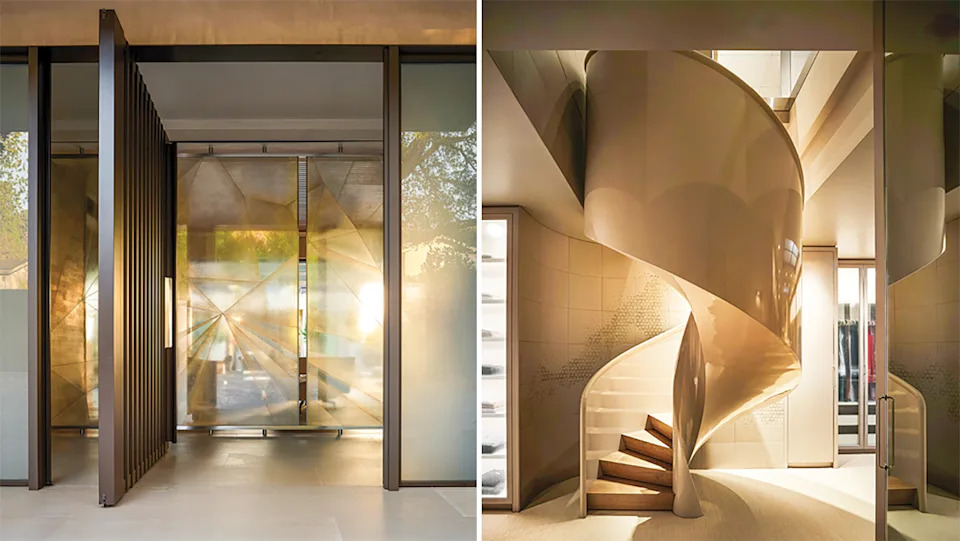 A custom pivot door revealing elgomise triptych murals in varying degrees of translucency; the custom staircase had to be airlifted into the space.