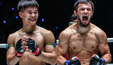 Split screen of Muay Thai fighters Rambolek and abdulla Dayakaev