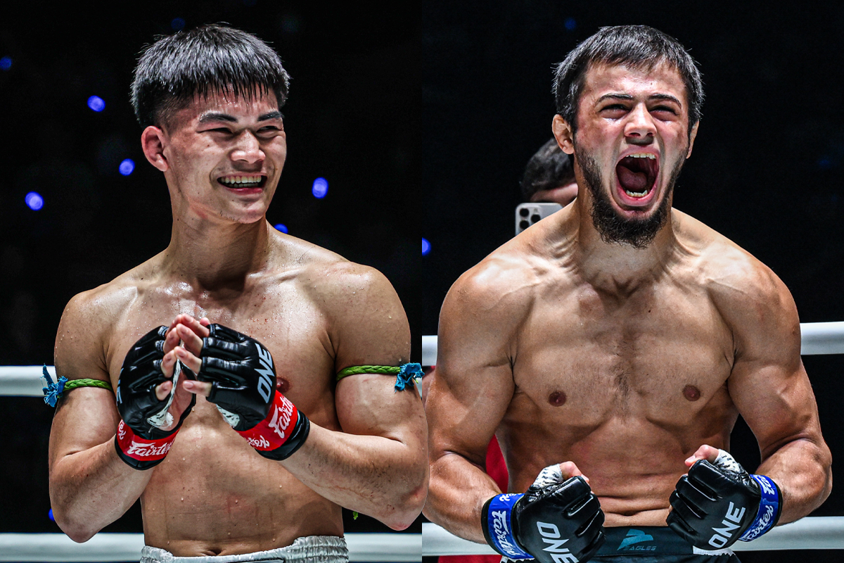 Split screen of Muay Thai fighters Rambolek and abdulla Dayakaev