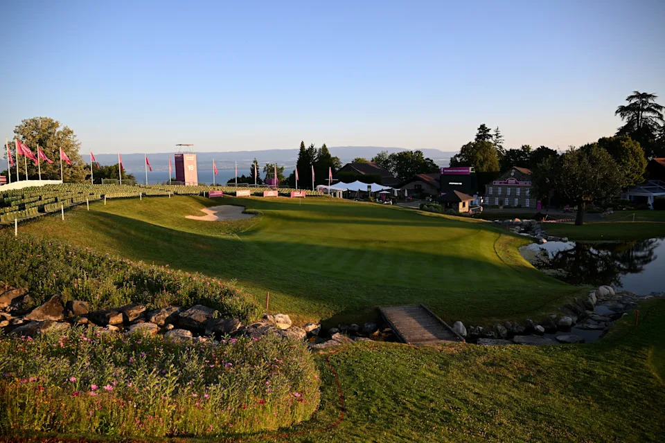 A general view of the 18th hole during Round One of The Amundi Evian Championship 2025 at Evian Resort Golf Club on July 10, 2025 in Evian-les-Bains, France.