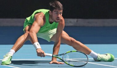 Carlos Alcaraz in action against Tommy Paul on Sunday at the Australian Open.