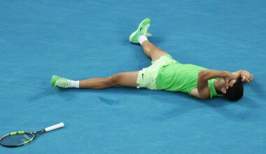 Carlos Alcaraz celebrates after defeating Alexander Zverev in the longest Australian Open semi-final in history.