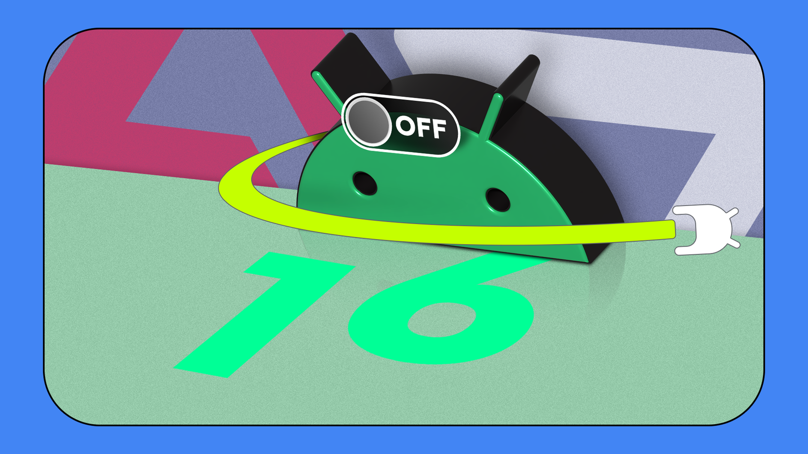 Android mascot with a power toggle set to off, partially hidden behind the number 16, symbolizing disabled Android 16 features.