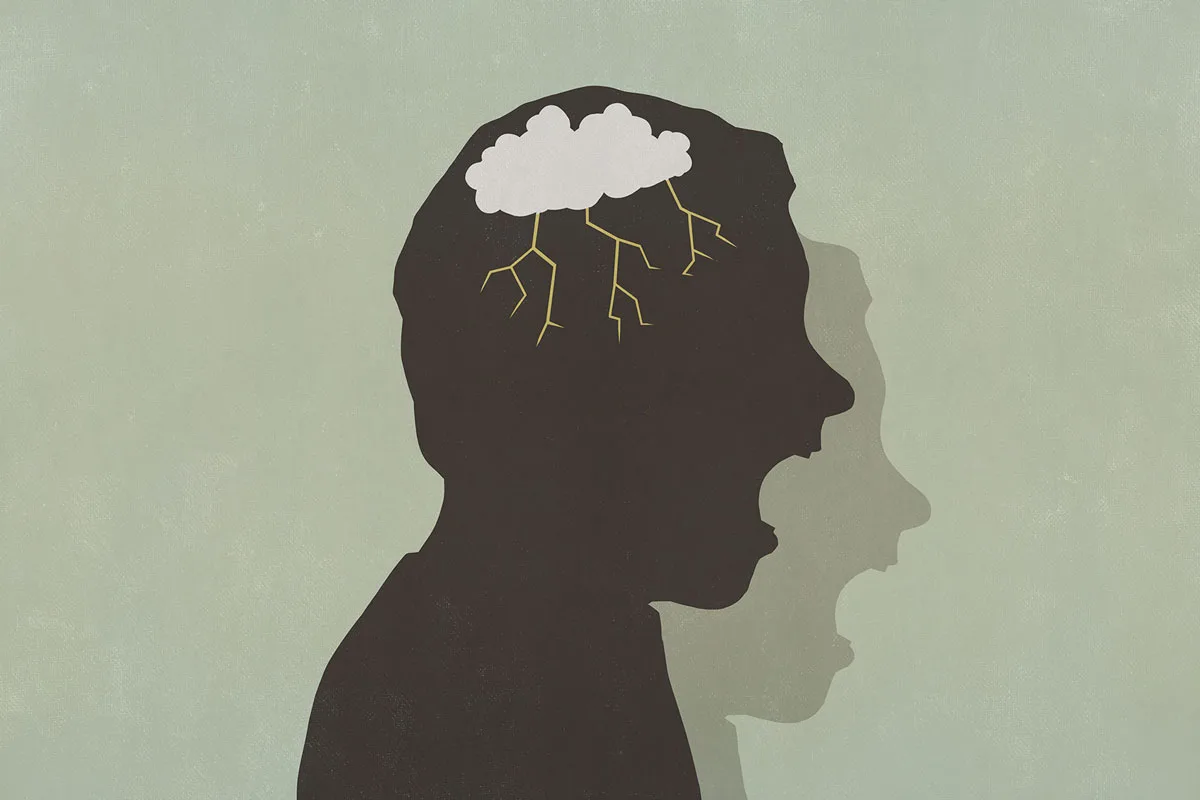 Silhouette angry man with storm cloud in head screaming.