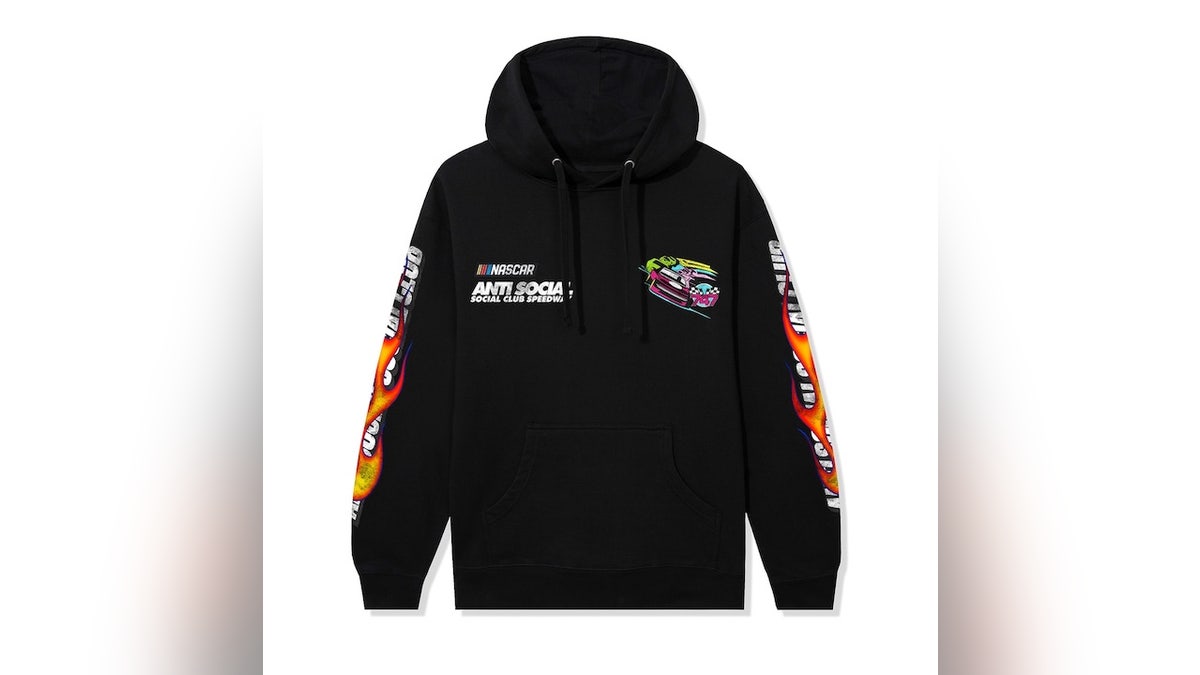 This hoodie blends flames with racing pride.