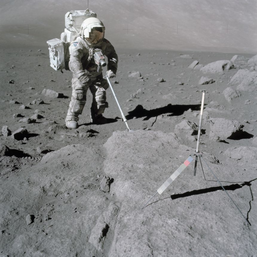 Apollo 17 lunar module pilot Harrison Schmitt collected lunar samples on the moon in 1972.