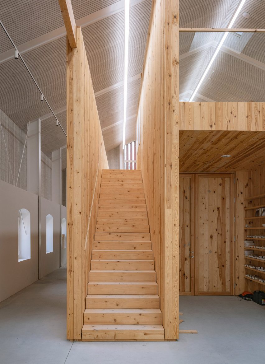 Staircase in Michael Kvium's studio, a historic barn restored by architect Martin Schack