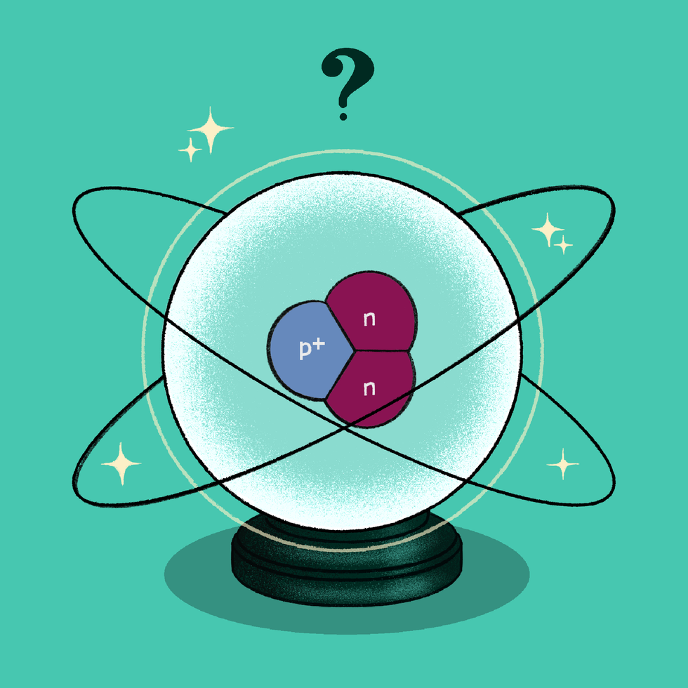 Atom illustration with protons, neutrons, electrons, and a question mark above, on teal background.