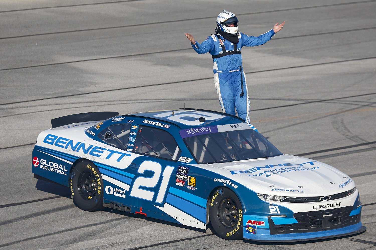 Austin Hill, driver of the #21 Bennett Transportation Chevrolet, celebrates after winning the NASCAR Xfinity Series Ag-Pro 300 at Talladega Superspeedway on April 26, 2025 in Talladega, Alabama. (Photo by Logan Riely/Getty Images for NASCAR)