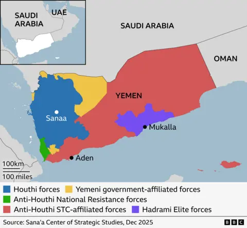 A map shows Yemen and which areas are controlled by the Houthis, Yemeni government-affiliated forces, anti-Houthi National Resistance forces, anti-Houthi STC-affiliated forces and Hadrami Elite forces.