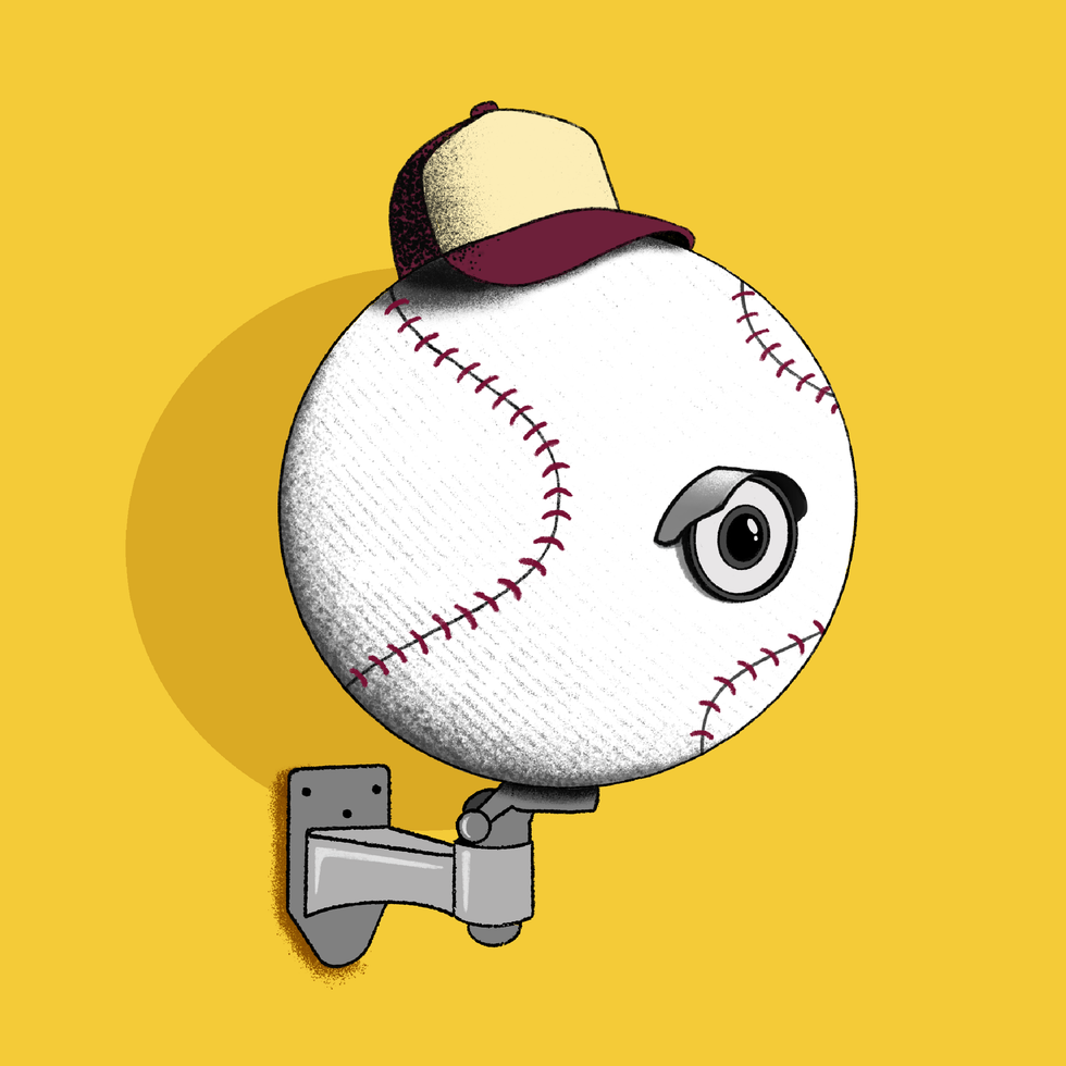 Baseball with a cap, mimicking a security camera, mounted on a yellow background.