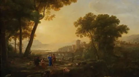 Claude Lorrain A painting shows Arcadian shepherds making music and tending their flocks in the foreground. Behind them are buildings and a castle with a bridge over a river and a bay beyond.