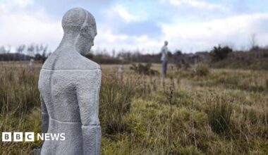 A rural landscape with grassy fields and shrubs under a cloudy blue sky. Scattered across the field are several pale, human-shaped sculptures, some standing upright and others partially submerged in the ground.