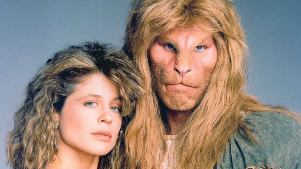 A promotional image for Beauty and the Beast with Linda Hamilton and Ron Perlman